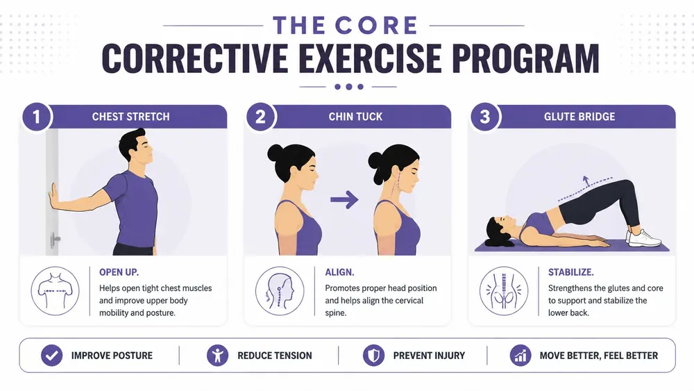 An infographic illustrating three corrective exercises to fix poor posture, including chest stretch, chin tuck, and glute bridge.