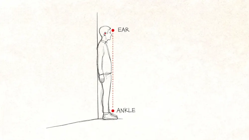 A line drawing of a person standing against a wall to demonstrate proper posture alignment from ear to ankle.