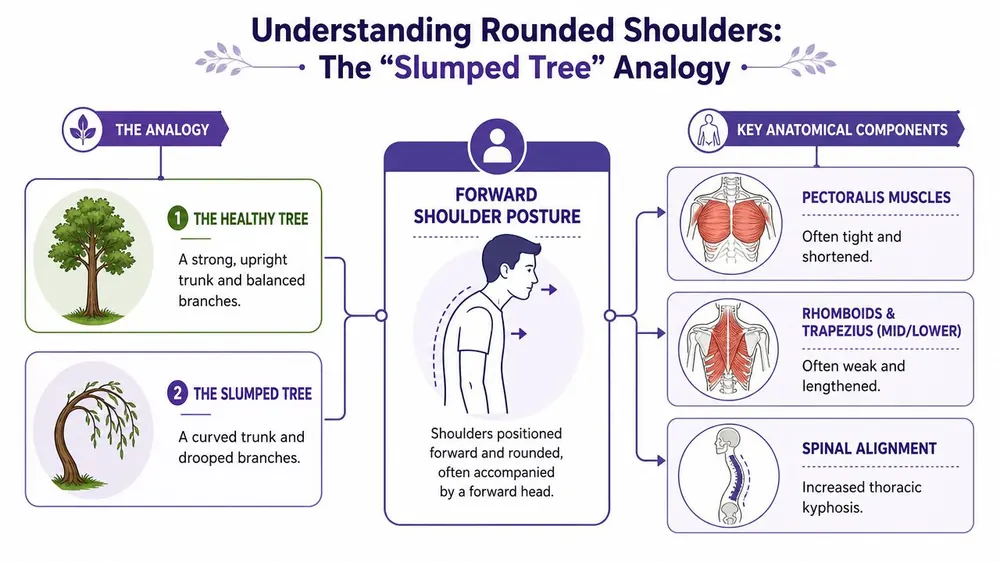 A diagram explaining forward shoulder posture using a healthy versus a slumped tree analogy.