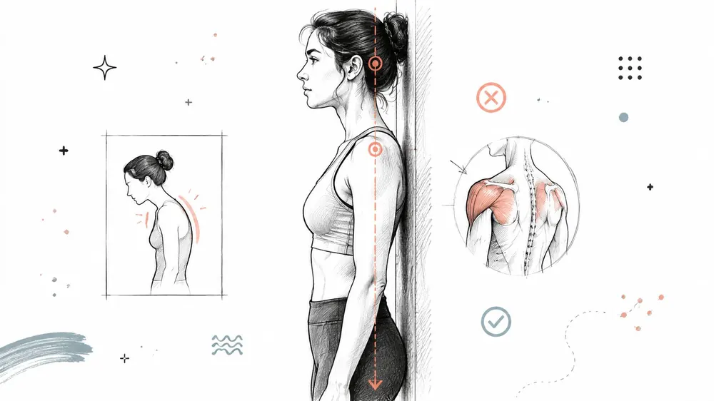A diagram illustrating the difference between forward shoulder posture and proper spinal alignment against a wall.