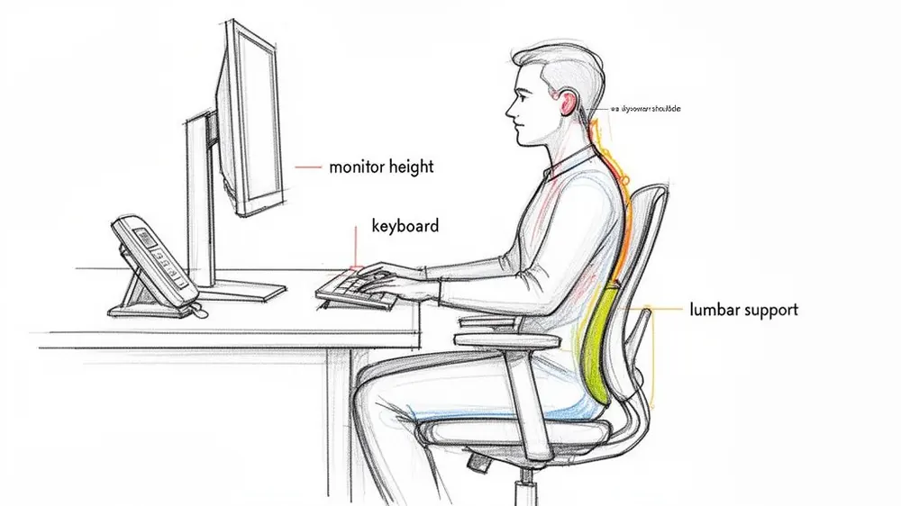 A man demonstrates correct ergonomic posture at a computer, highlighting monitor height, keyboard placement, and lumbar support.