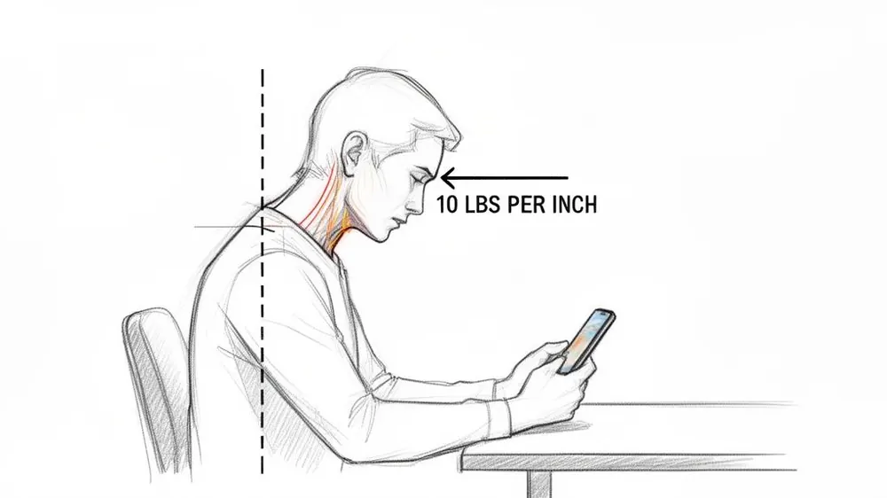 Illustration showing a person with forward head posture looking at a phone, highlighting neck strain.