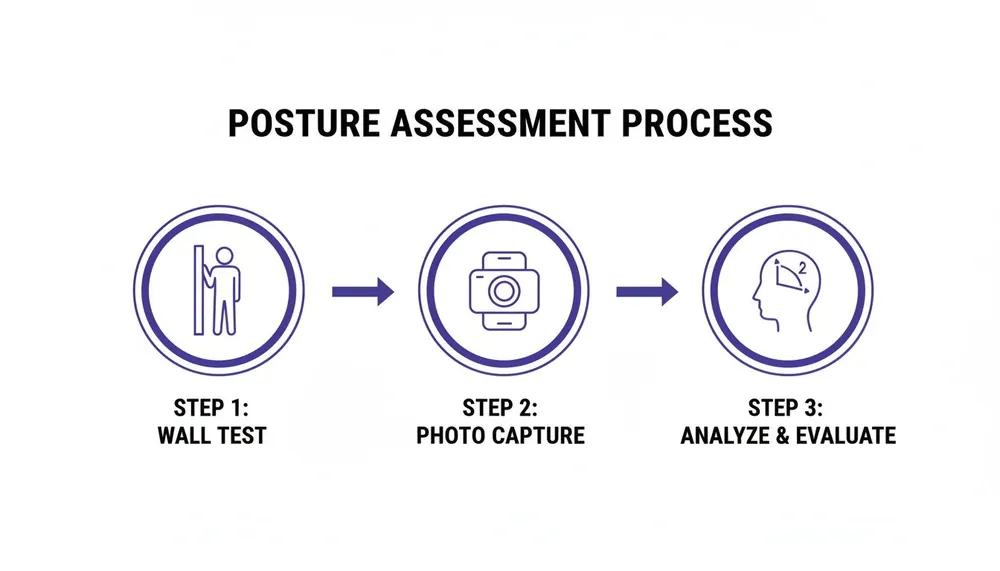 A diagram illustrating a three-step posture assessment process including wall test, photo capture, and analysis.
