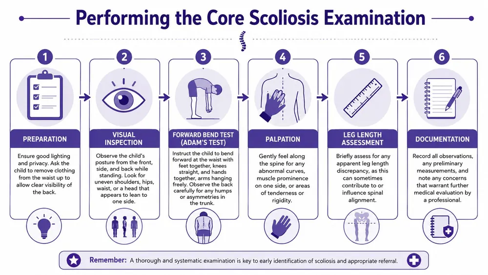 A six-step infographic guide explaining the process of conducting a core scoliosis screening examination for children.