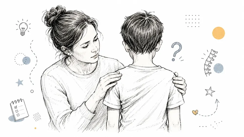 A caring adult woman performing a scoliosis screening check on a young boy, pencil sketch illustration style.