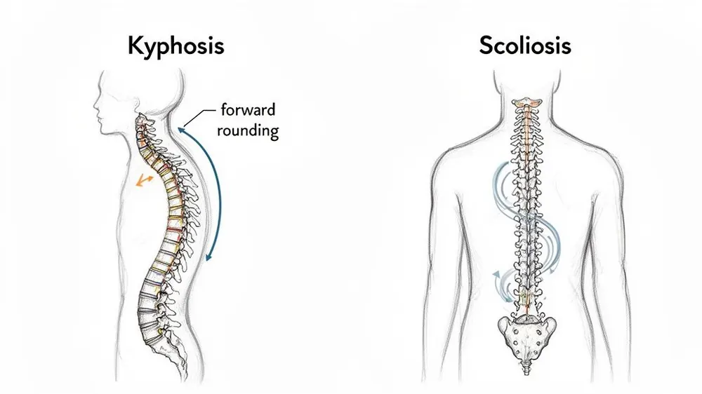 An illustration comparing kyphosis, showing excessive forward spinal rounding, and scoliosis, depicting lateral spinal curvature.