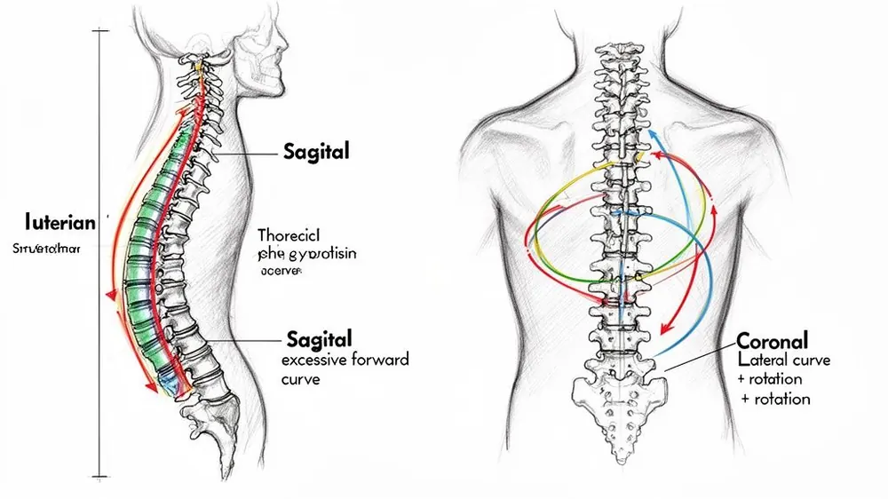 Two diagrams illustrate human spine anatomy, showing sagittal plane curves and coronal plane lateral curves with rotation.