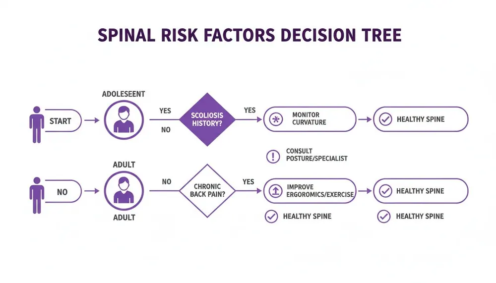 Decision tree diagram outlining spinal risk factors for adolescents and adults, leading to health recommendations.