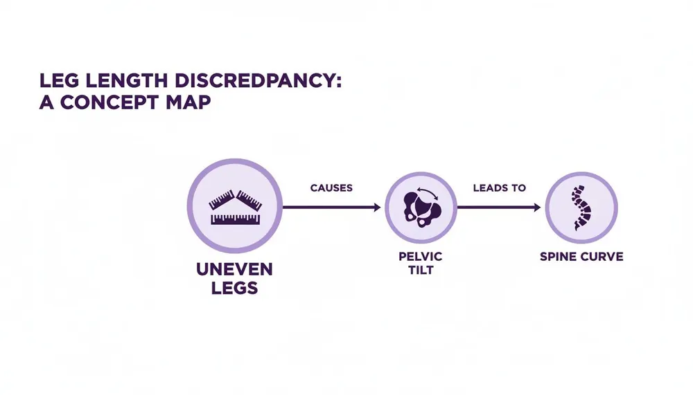 Concept map illustrating how uneven leg length causes pelvic tilt, leading to a spine curve.
