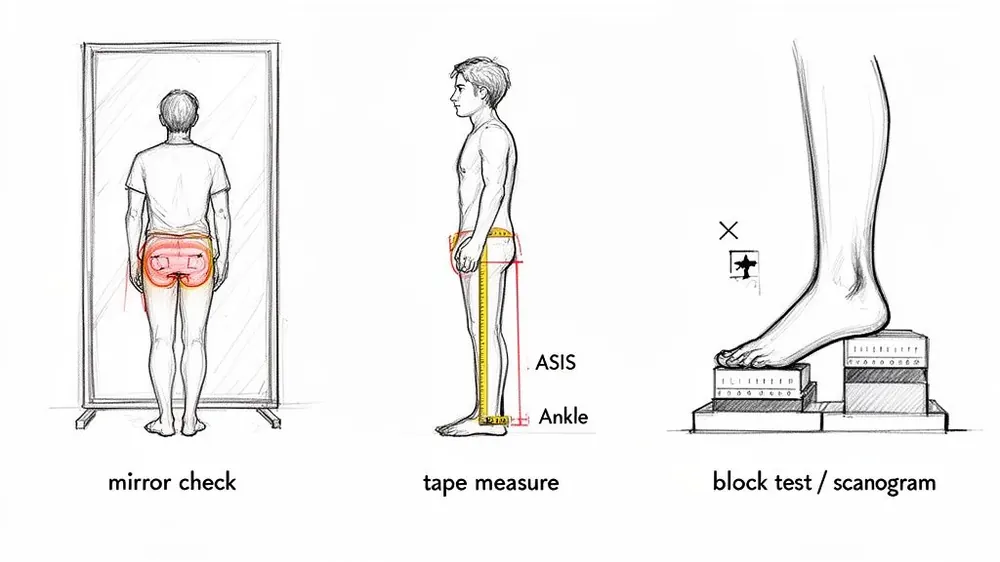 Illustrations of three methods for assessing leg length discrepancy: mirror check, tape measure, and block test.