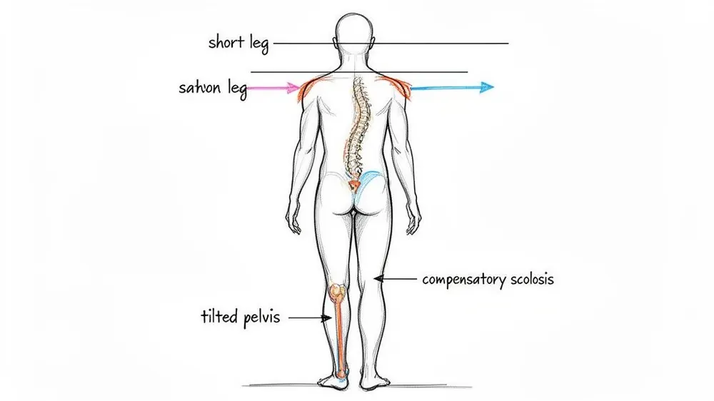 Illustration of a human back showing leg length discrepancy effects: tilted pelvis, compensatory scoliosis, and uneven shoulders.