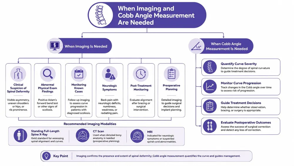 A flowchart explaining when to use spinal imaging and Cobb angle measurement for detecting scoliosis.