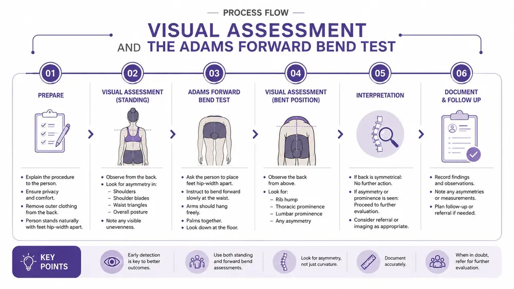 An infographic detailing the six-step process for performing a visual assessment and the Adams forward bend test.