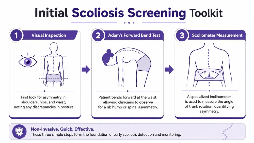 An infographic showing three steps of an initial scoliosis screening toolkit for early detection and monitoring.