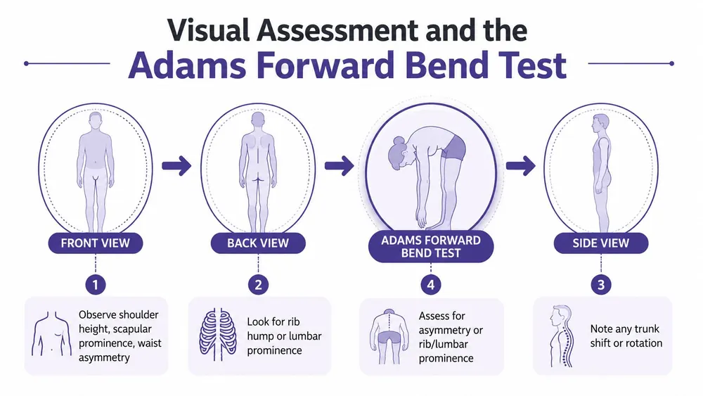 An educational infographic illustrating the visual assessment steps and Adams Forward Bend Test for scoliosis screening.