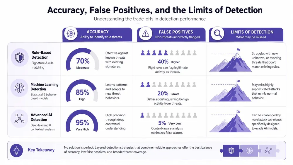 A comparison chart showing how rule-based, machine learning, and advanced AI systems manage detection accuracy and false positives.