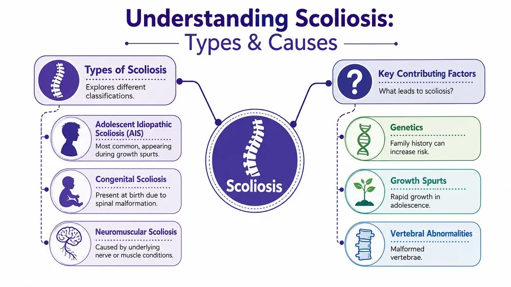 An infographic titled Understanding Scoliosis illustrating its primary types, such as AIS, and key contributing factors like genetics.