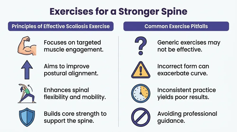 An infographic titled Exercises for a Stronger Spine comparing principles of effective scoliosis exercises with common pitfalls.