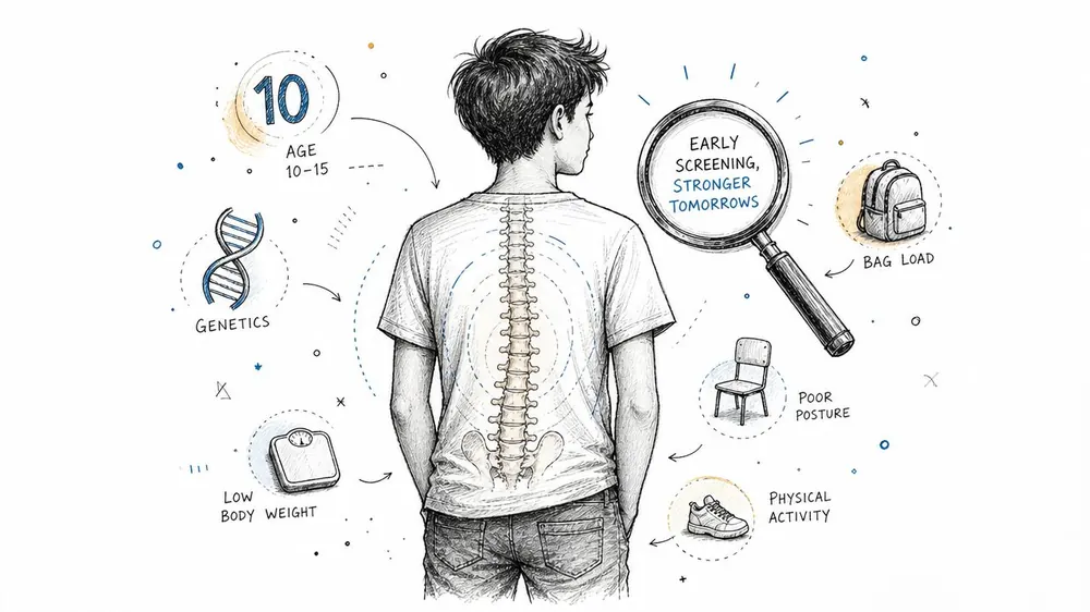 An illustration showing factors like age, genetics, and posture that contribute to spinal health and scoliosis screening.