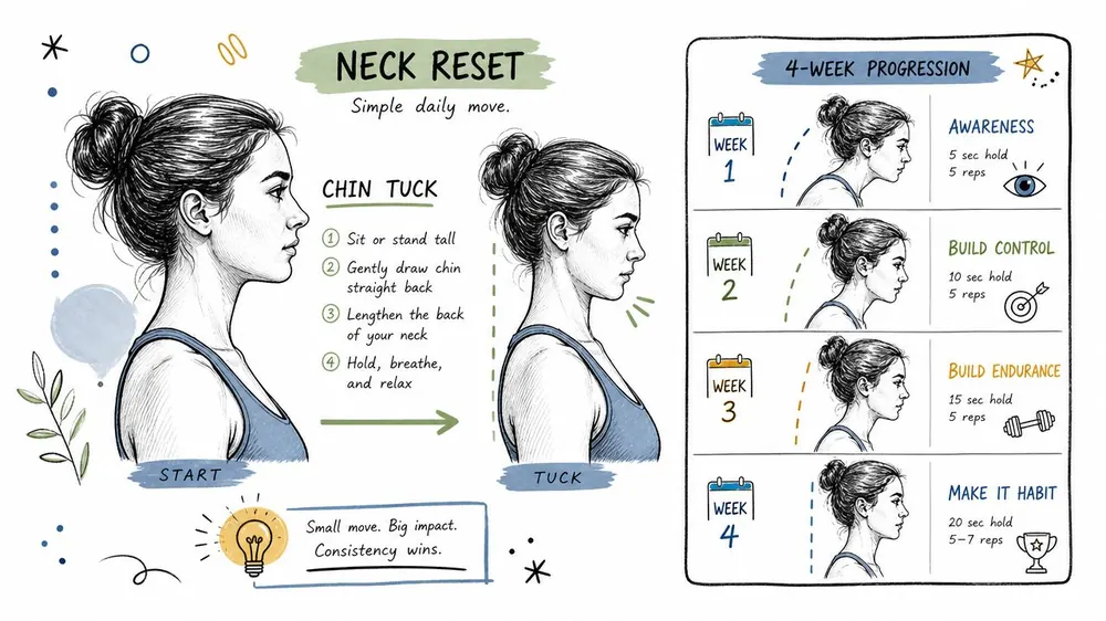 A step-by-step instructional illustration showing how to perform a chin tuck exercise for neck posture correction.