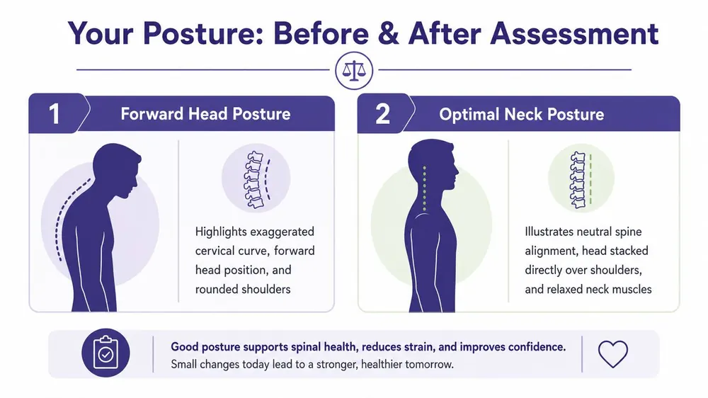 An educational infographic comparing forward head posture with optimal neck alignment for improved spinal health.
