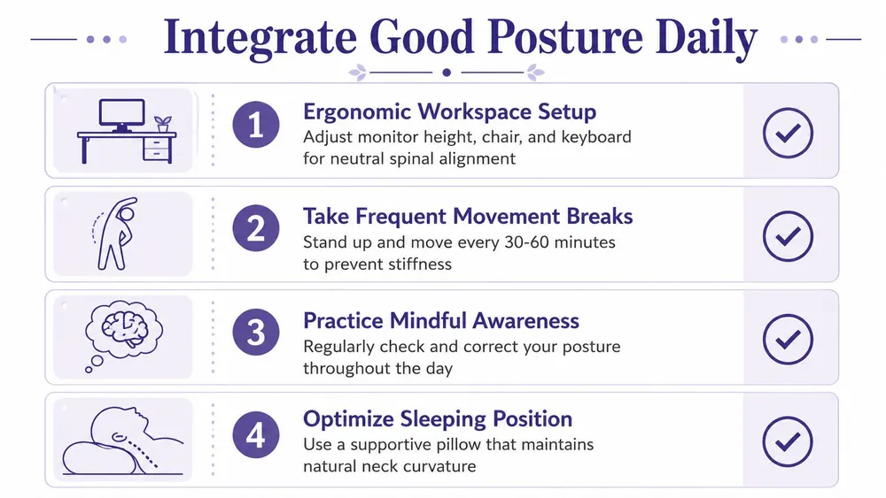 An infographic titled Integrate Good Posture Daily, featuring four steps for improving posture at home and work.
