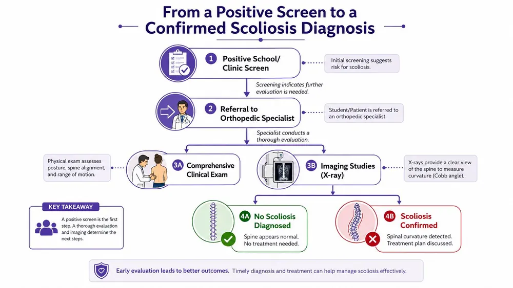 A flow chart illustrating the steps from an initial positive scoliosis screening to a confirmed medical diagnosis.