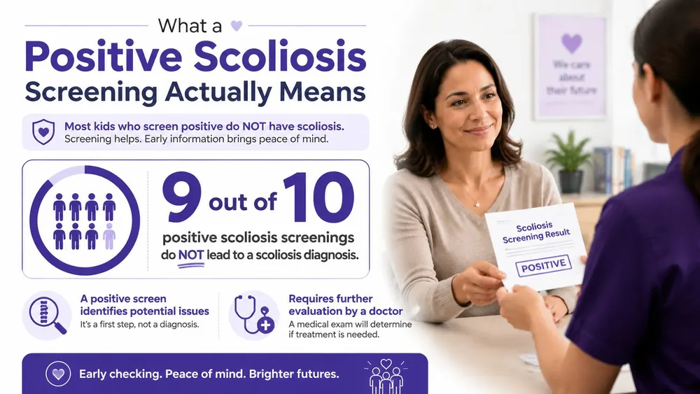 A healthcare provider hands a positive scoliosis screening result to a mother, explaining that it is not a diagnosis.
