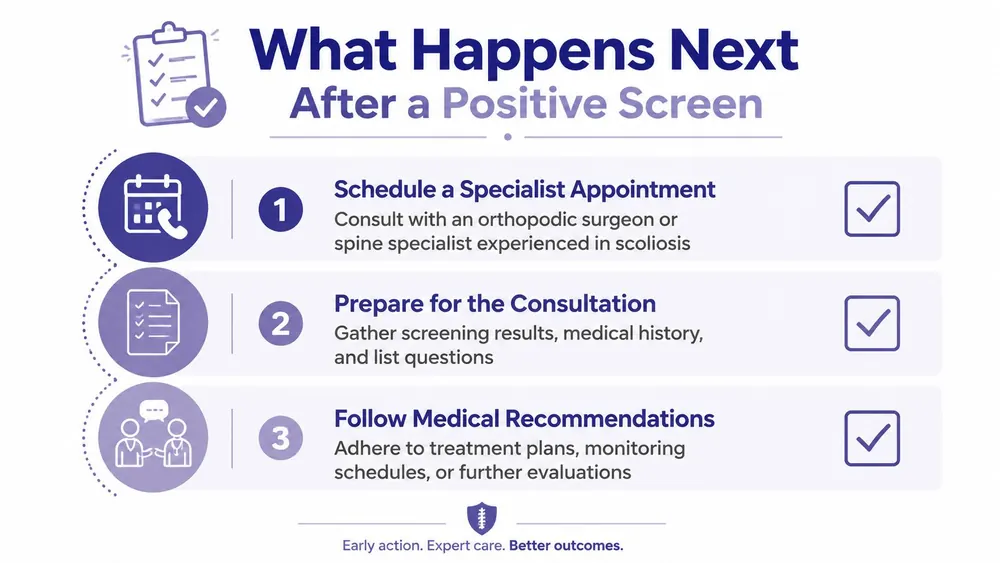 A helpful infographic outlining three essential steps to take following a positive scoliosis screening result.