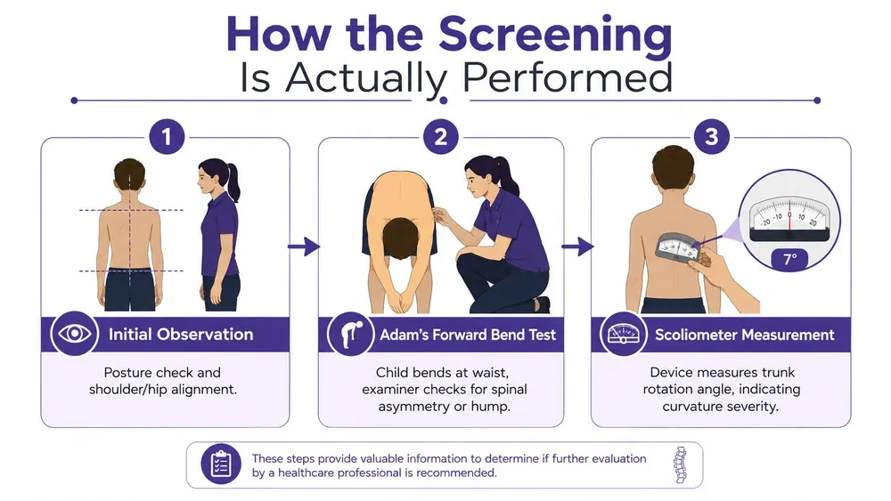 A three-step guide illustrating how to perform a scoliosis screening test using observation and a scoliometer.