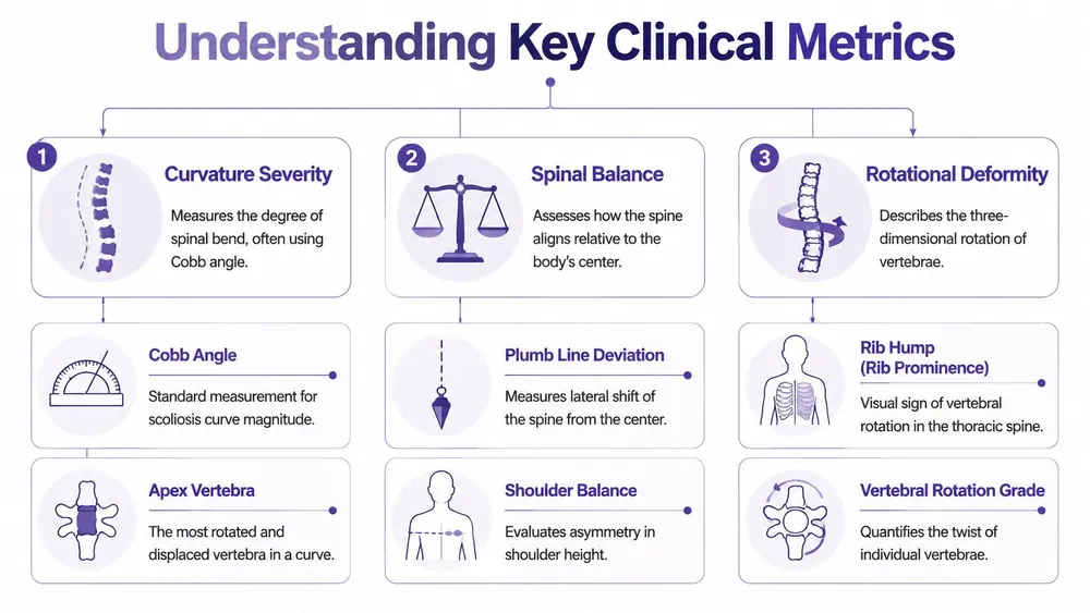 An infographic detailing key clinical metrics for diagnosing scoliosis, including spinal curvature, balance, and vertebral rotation.