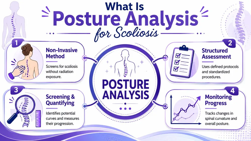 An infographic explaining the four main benefits of posture analysis for scoliosis detection and patient monitoring.