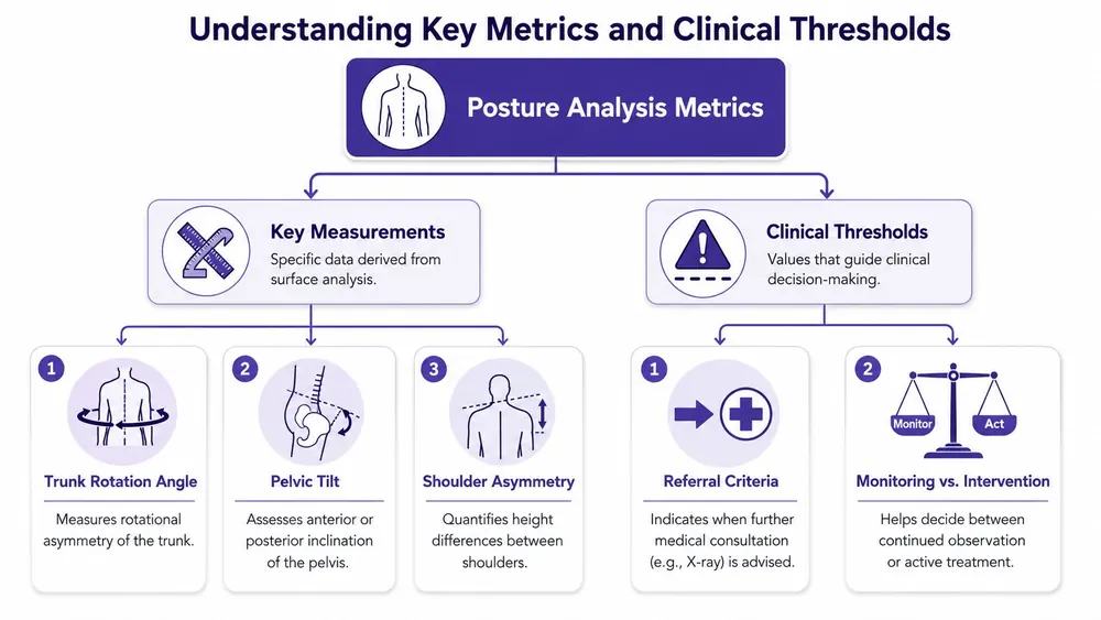 A diagram illustrating posture analysis metrics including key measurements like trunk rotation and clinical decision-making thresholds.