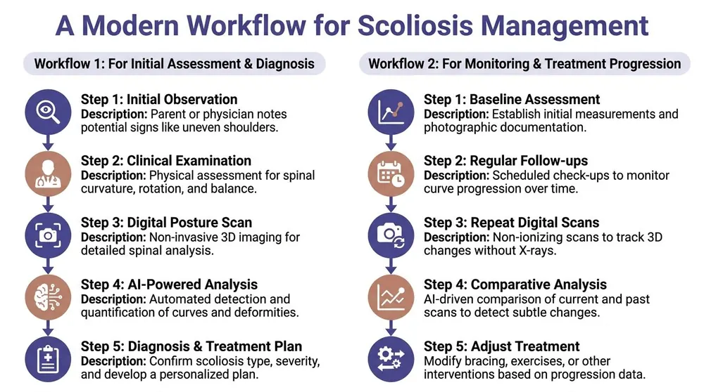A flowchart detailing a two-part modern workflow for the assessment, diagnosis, and monitoring of scoliosis management.