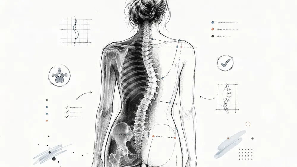 A detailed medical illustration showing human spinal anatomy with scoliosis curvature and posture analysis markings.