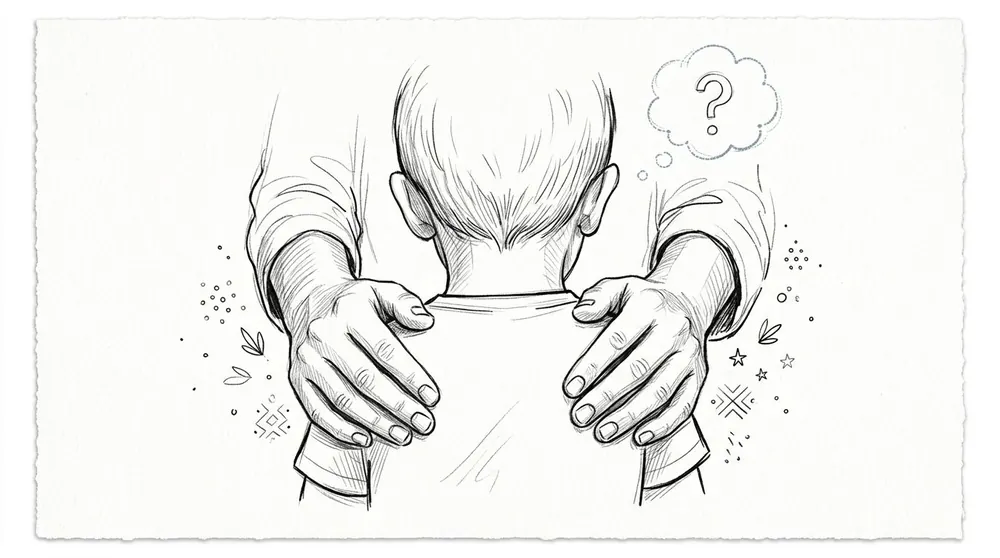 A pencil sketch of an adult's hands resting on a child's shoulders, illustrating a supportive posture observation.