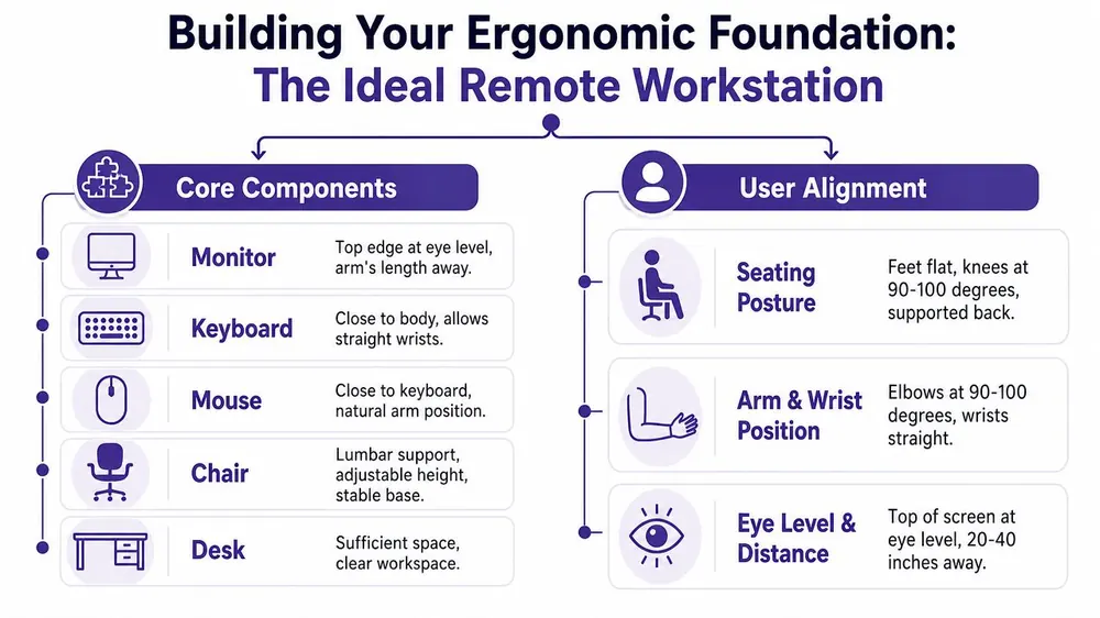 An infographic showing tips for setting up an ideal ergonomic remote workstation for proper posture.