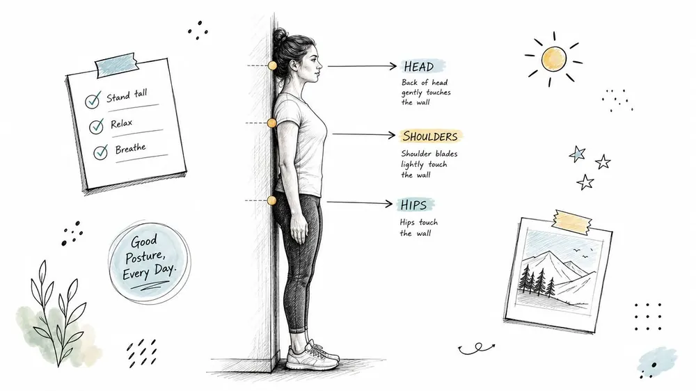 A diagram demonstrating correct standing posture against a wall to improve alignment for remote workers.
