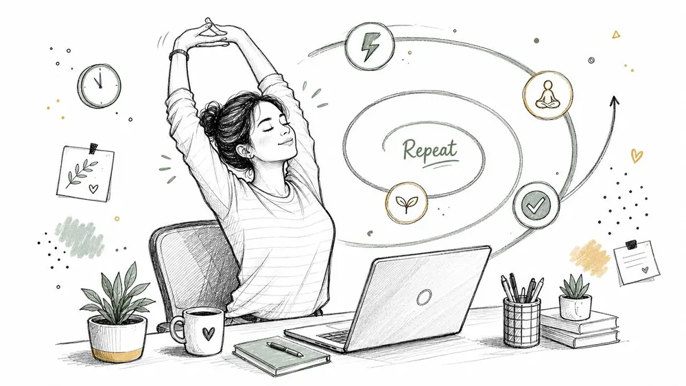 A line art illustration of a woman at her desk stretching, promoting mindful work habits and productivity.