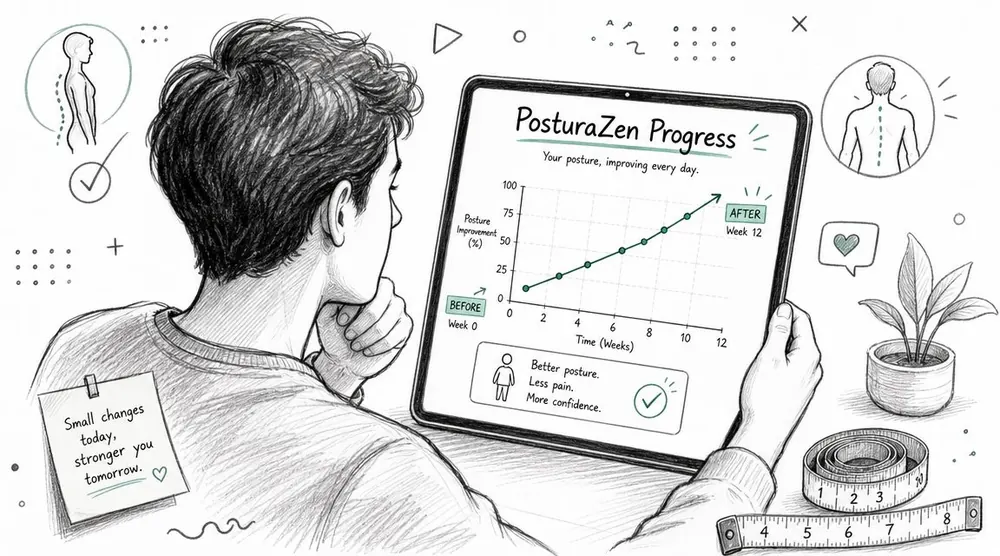 A person viewing a progress chart on a tablet that tracks posture improvement over twelve weeks.
