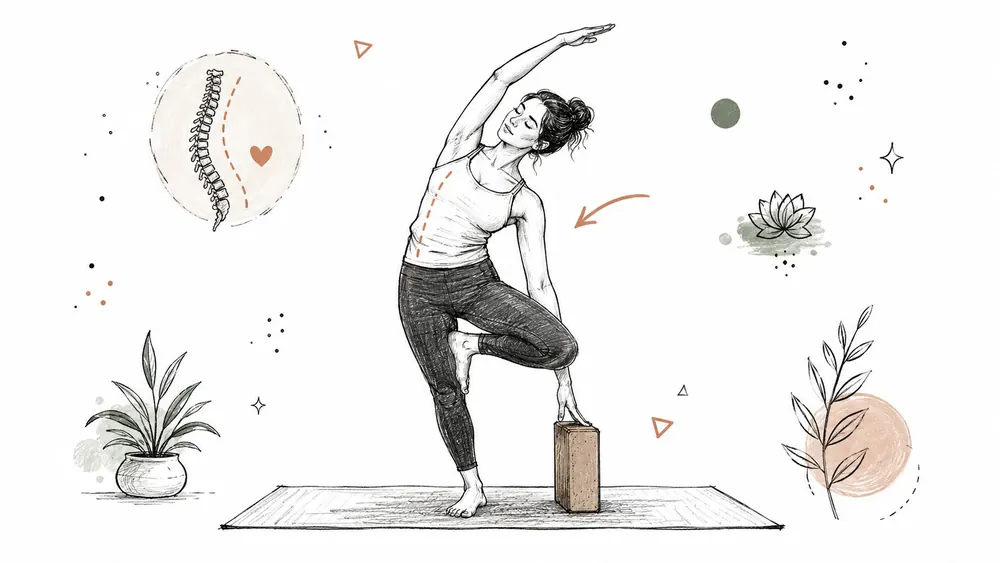 A sketched illustration of a woman performing a yoga balancing pose while using a yoga block.