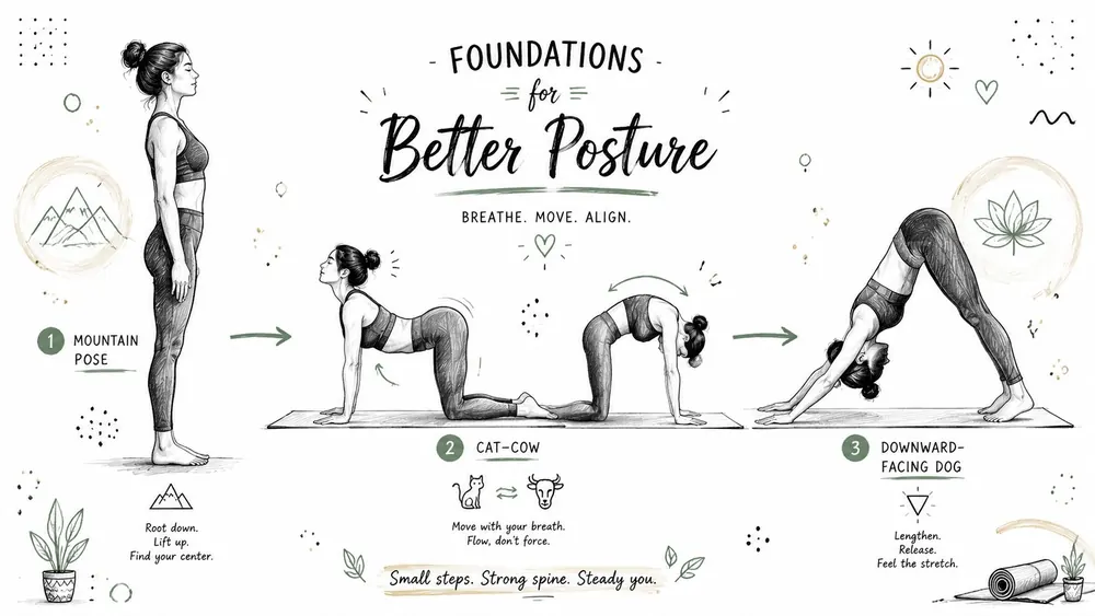 An illustrated guide showing three yoga poses to help improve body alignment and daily posture.