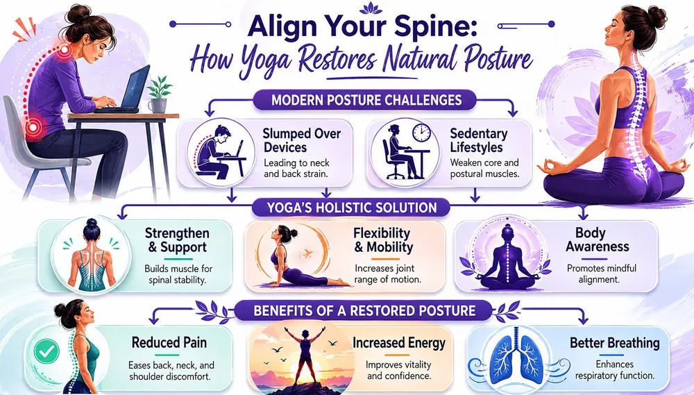 An infographic illustrating how yoga helps correct poor posture caused by sedentary habits and device usage.