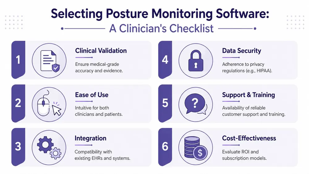 A clinician's checklist for selecting posture monitoring software, highlighting six essential criteria for healthcare providers.