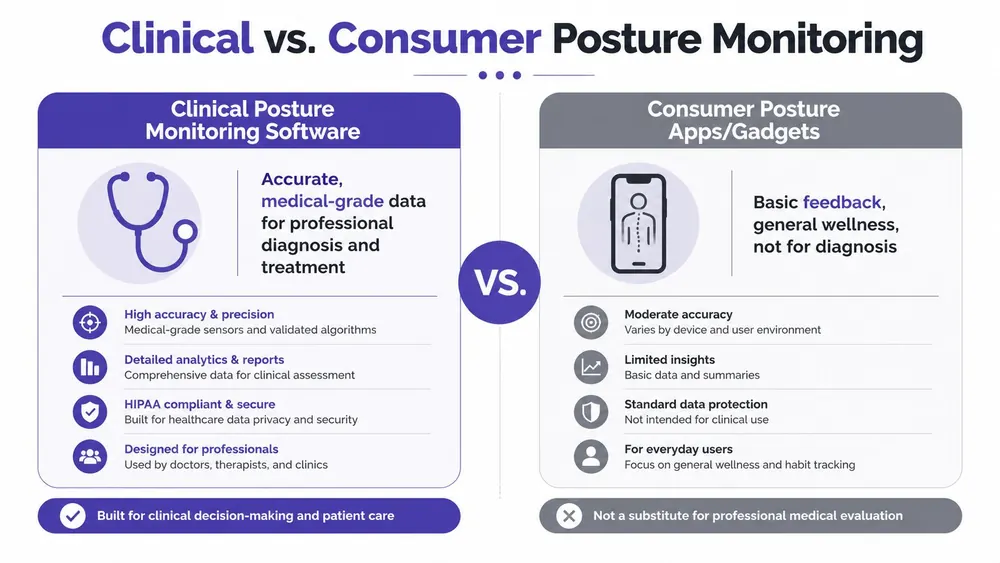 A comparison chart showing differences between professional clinical posture monitoring software and consumer-grade posture apps and gadgets.