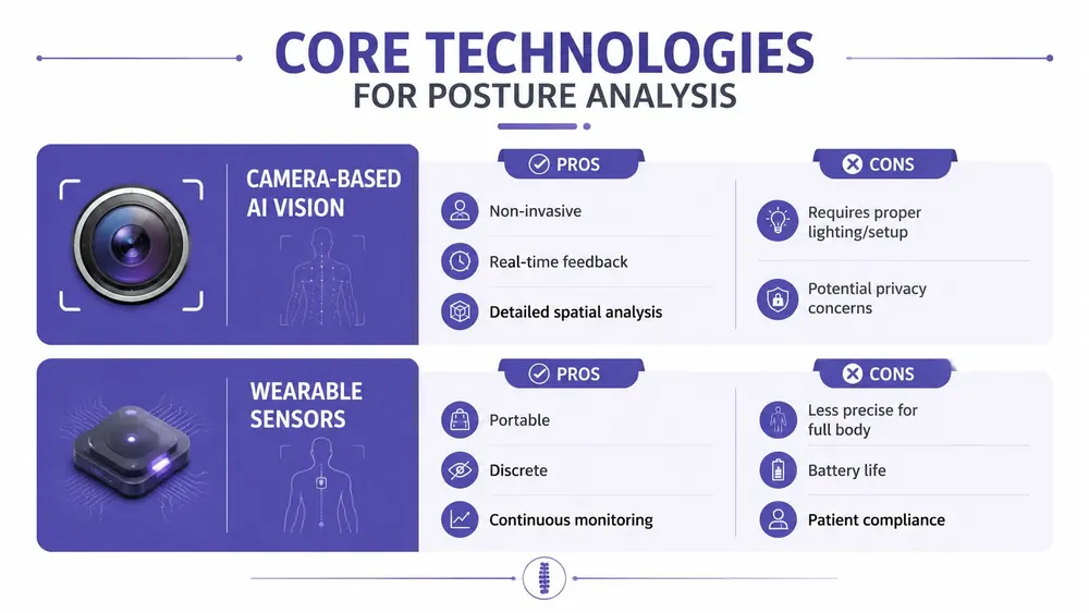 A comparative infographic highlighting the pros and cons of camera-based AI vision versus wearable sensors for posture analysis.