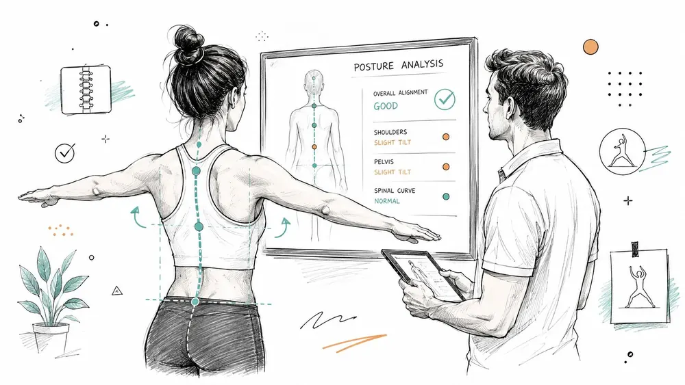 A professional therapist analyzing a woman's posture using digital monitoring software and a screen display.