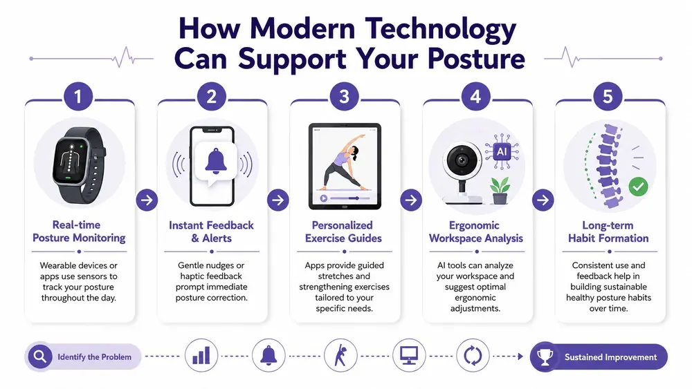 A five-step infographic showing how modern technology helps improve posture through wearables, apps, and AI-driven analysis.