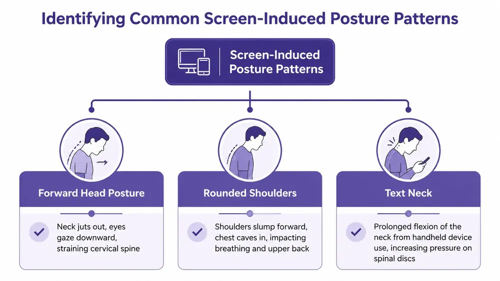 An infographic illustrating three common screen-induced posture patterns: forward head posture, rounded shoulders, and text neck.