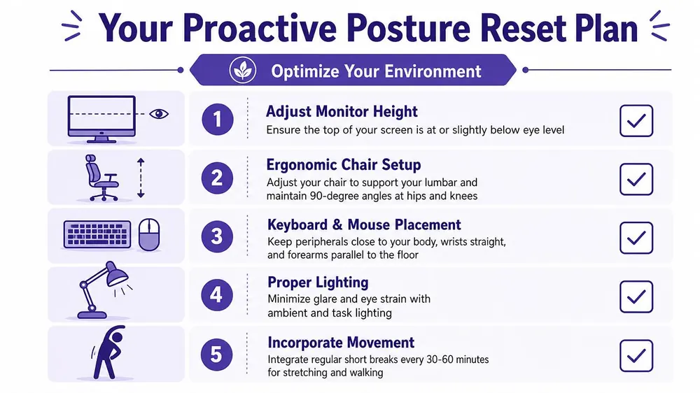 An infographic titled Your Proactive Posture Reset Plan with five tips for healthy office ergonomics.